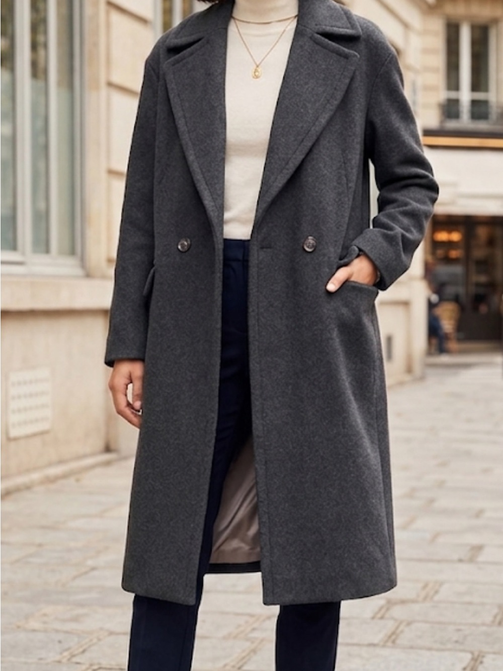 H&M Melange Charcoal Double-Breasted Lined Long Wool-Blend Coat   EUC